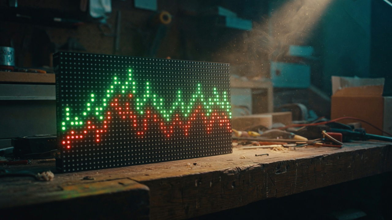 The LED matrix on a workbench, sparkline in green and red