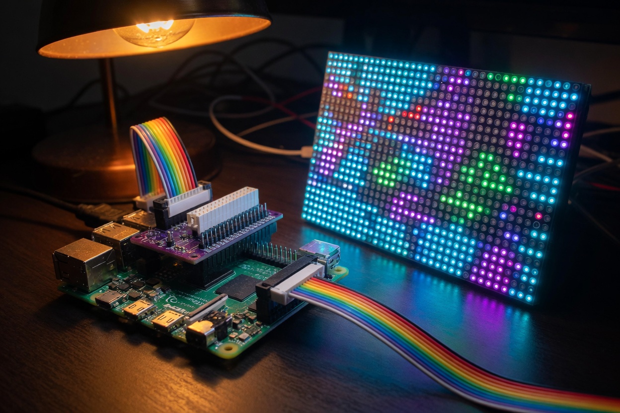 Raspberry Pi with ribbon cable beside a glowing LED matrix