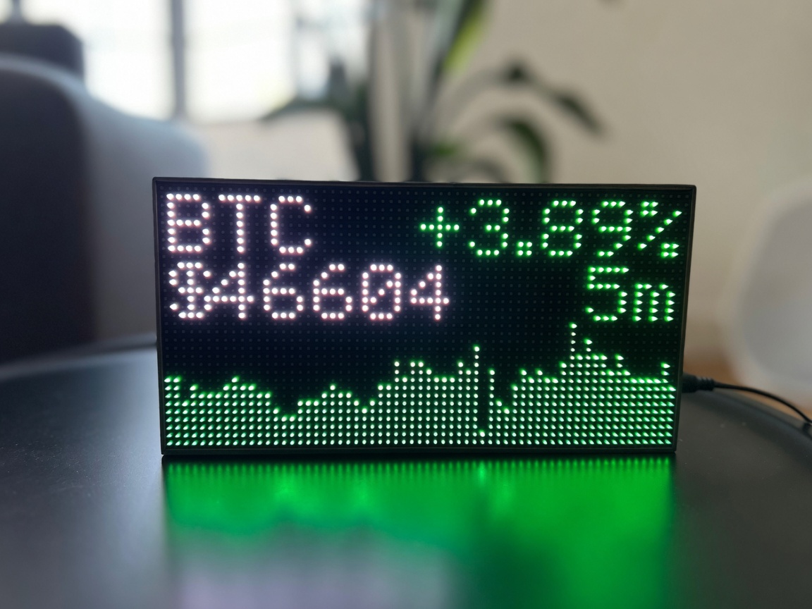 Black LED ticker showing BTC, price, +3.89%, and a green 5m sparkline